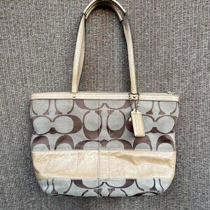 Coach No. C0868-12429 Signature Khaki Stripe Y2K Leather Tote Handbag Pink